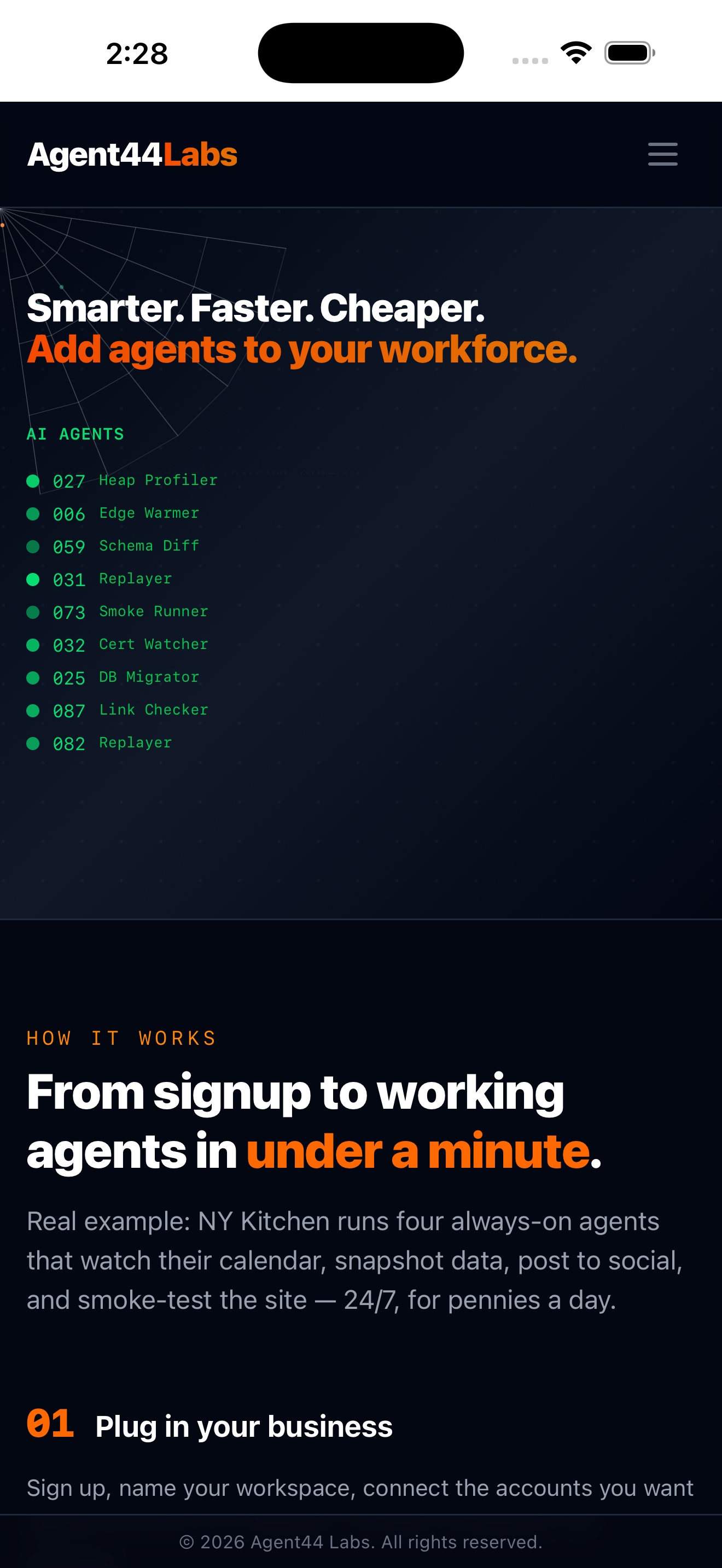Agent44 Labs home screen on iPhone with the live AI agents fleet